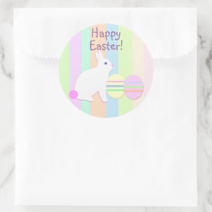 Happy Easter Bunny and Eggs on Stripes Classic Round Sticker