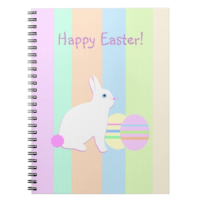 Happy Easter Bunny and Eggs on Stripes Notebook (Front)