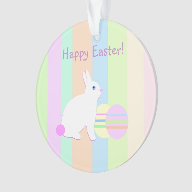 Happy Easter Bunny and Eggs on Stripes Ornament (Front)