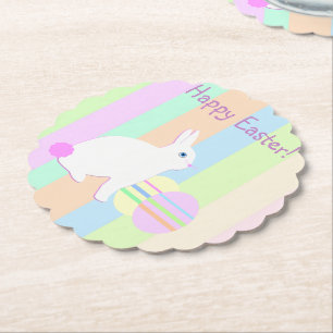 Happy Easter Bunny and Eggs on Stripes Paper Coaster