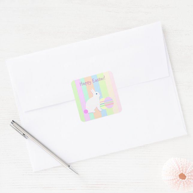Happy Easter Bunny and Eggs on Stripes Square Sticker (Envelope)