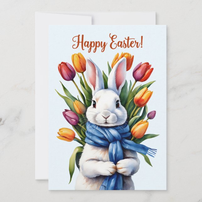 Happy Easter Bunny and Tulip Flowers  Holiday Card (Front)