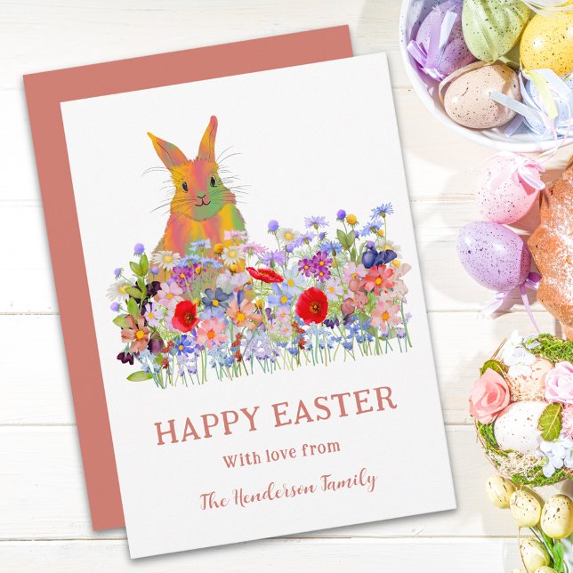 Happy Easter Bunny and Wildflowers Holiday Card (Personalized Cute easter bunny spring floral holiday flat greetings card boho wildflower meadow )