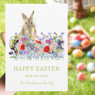 Happy Easter Bunny and Wildflowers Watercolor Holiday Card