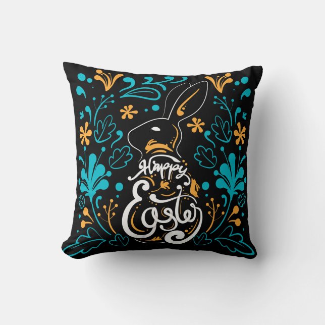 Happy Easter Bunny, Artsy Abstract Floral, Black Cushion (Front)