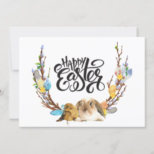 Happy Easter Bunny Baby Chick with Willow branch Holiday Card