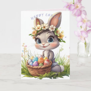 Happy Easter Bunny Basket Eggs  Flowers Card