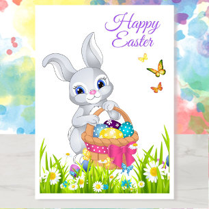Happy Easter Bunny Basket Personalise Name Holiday Card