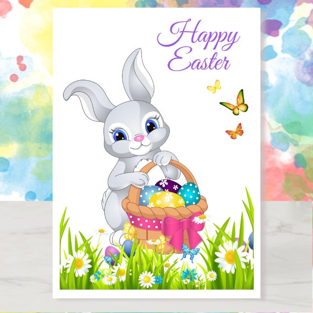 Happy Easter Bunny Basket Personalise Name Holiday Card (Creator Uploaded)