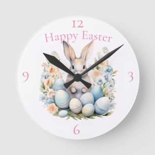 Happy Easter Bunny Basket Thunder_Cove Round Clock