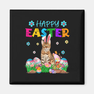 Happy Easter Bunny Bengal Cat Hunting Eggs Colourf Magnet