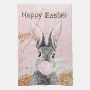Happy Easter Bunny blowing Pink Bubble gum Tea Towel