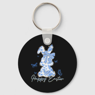 Happy Easter Bunny Blue Chinoiserie Easter Day Key Ring