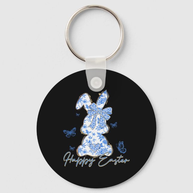 Happy Easter Bunny Blue Chinoiserie Easter Day  Key Ring (Front)