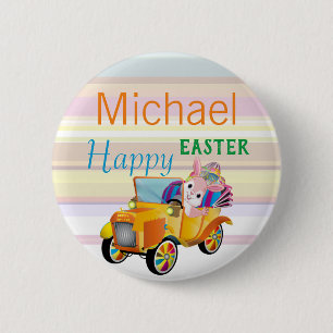 Happy Easter Bunny Car Personalised Name Kids 6 Cm Round Badge