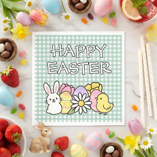 Happy Easter Bunny Chick Eggs Floral Green Gingham Napkin