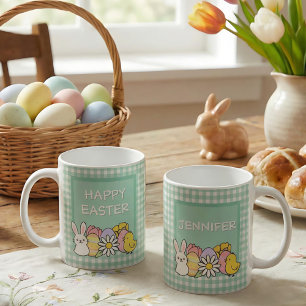 Happy Easter Bunny Chick Eggs Green Gingham Coffee Mug