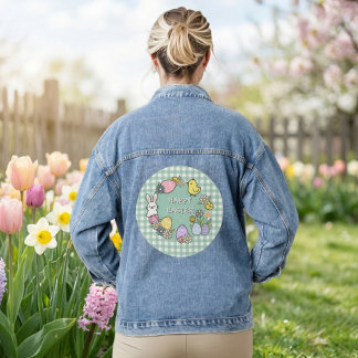 Happy Easter Bunny Chick Eggs Green Gingham Denim Jacket