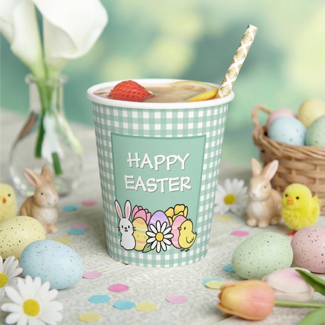 Happy Easter Bunny Chick Eggs Green Gingham Paper Cups (Creator Uploaded)