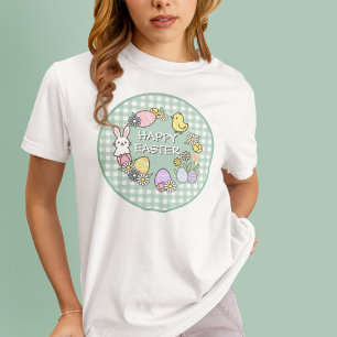 Happy Easter Bunny Chick Eggs Green Gingham T-Shirt