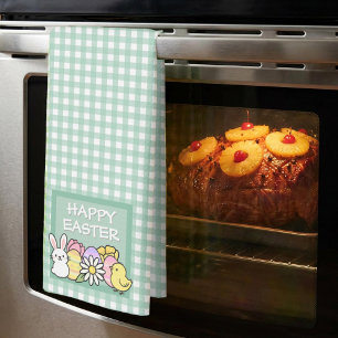 Happy Easter Bunny, Chick, Eggs Green Gingham  Tea Towel