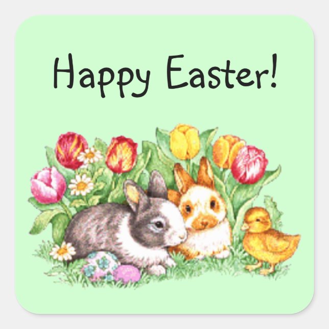 Happy Easter Bunny Chick Tulip Stickers / Seals (Front)