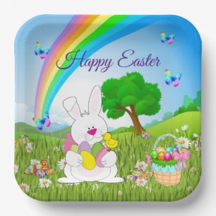 Happy Easter Bunny Coloured Eggs Cute  Paper Plate