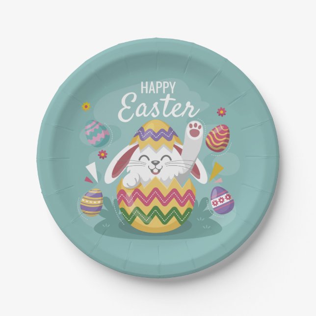 Happy Easter Bunny & Colourful Eggs Paper Plate (Front)