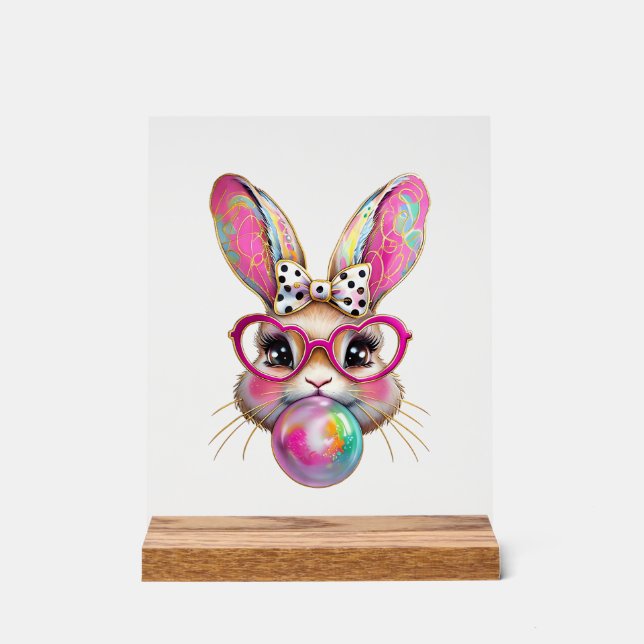Happy Easter Bunny Coquette Bow Brushstroke Easter Acrylic Sign (Front)
