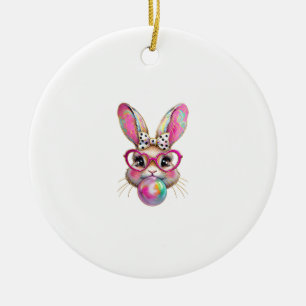 Happy Easter Bunny Coquette Bow Brushstroke Easter Ceramic Ornament