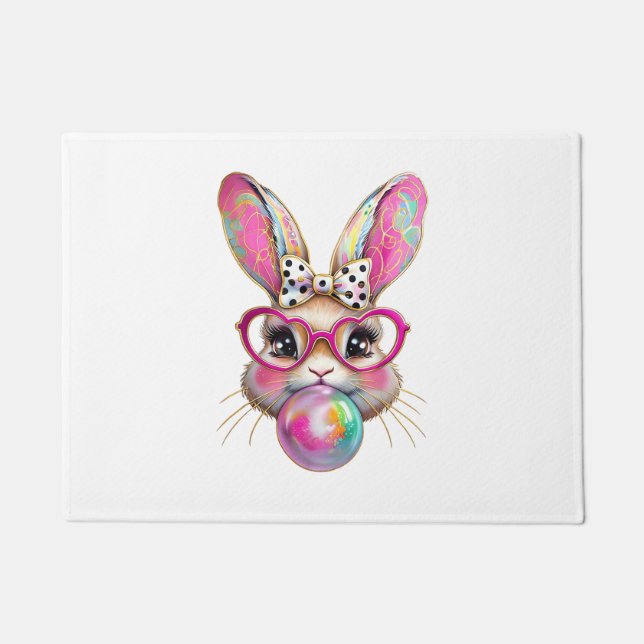 Happy Easter Bunny Coquette Bow Brushstroke Easter Doormat (Front)