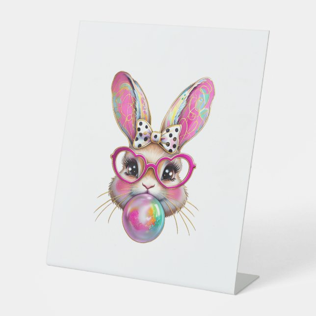 Happy Easter Bunny Coquette Bow Brushstroke Easter Pedestal Sign (Front)