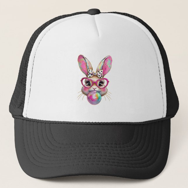 Happy Easter Bunny Coquette Bow Brushstroke Easter Trucker Hat (Front)