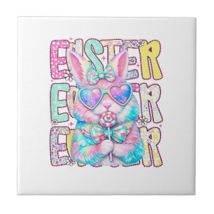Happy Easter Bunny Coquette Bow Preppy Easter Day  Ceramic Tile