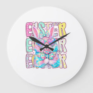Happy Easter Bunny Coquette Bow Preppy Easter Day  Large Clock