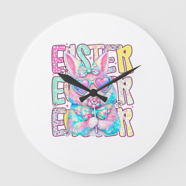 Happy Easter Bunny Coquette Bow Preppy Easter Day  Large Clock (Front)