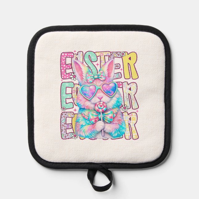 Happy Easter Bunny Coquette Bow Preppy Easter Day  Pot Holder (Front)