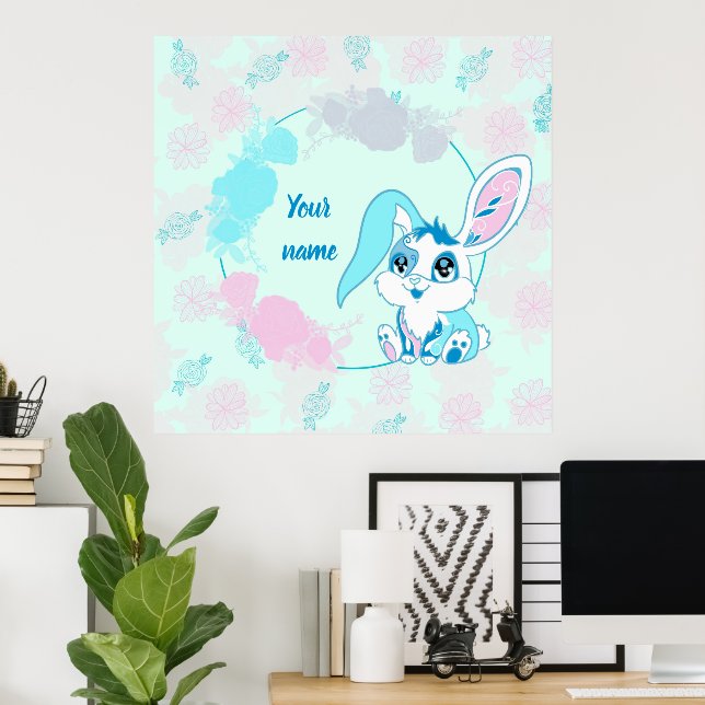 Happy Easter Bunny  Cute Blue Kawaii Poster (Home Office)