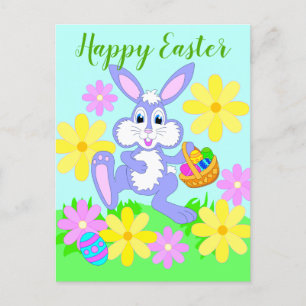 Happy Easter Bunny Cute Cartoon Rabbit Flowers Postcard