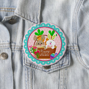 Happy Easter Bunny - Cute Rabbit & Easter Basket 10 Cm Round Badge