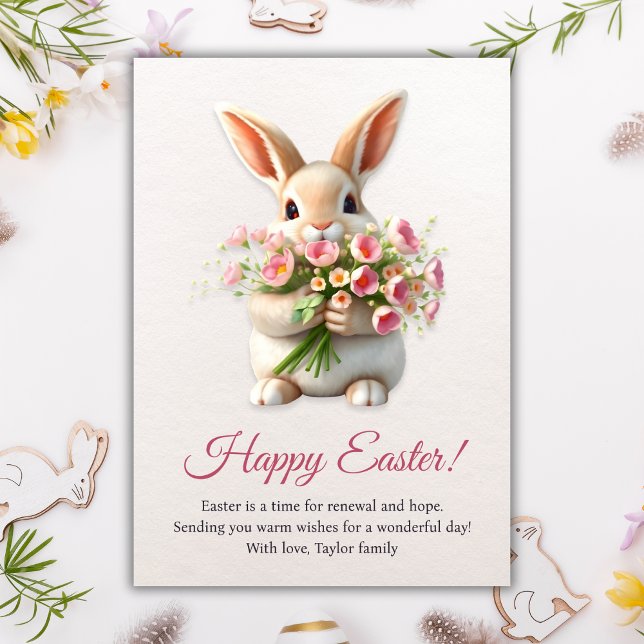 Happy Easter Bunny Cute Spring Flower Pink Tulip Holiday Card (Happy Easter Bunny Cute Spring Flower Pink Tulip Holiday Card)
