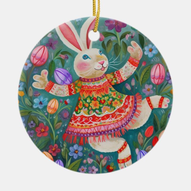Happy Easter Bunny Dance Ceramic Ornament (Front)