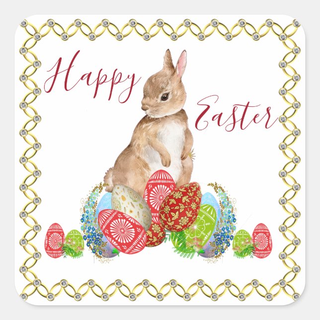 Happy Easter Bunny Decorative Eggs Floral Elegant Square Sticker (Front)