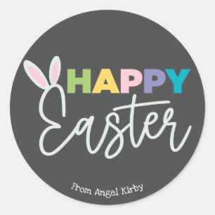 Happy Easter Bunny Ears, Colorful Typography Classic Round Sticker