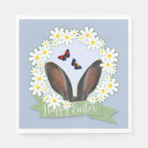 Happy Easter Bunny Ears Daisies Wreath Napkin