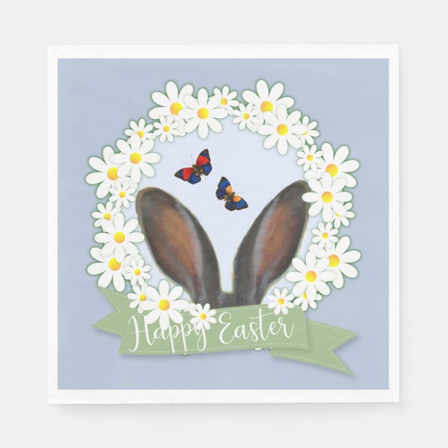 Happy Easter Bunny Ears Daisies Wreath Napkin (Front)