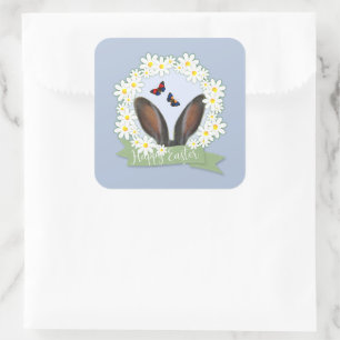 Happy Easter Bunny Ears Daisies Wreath Square Sticker