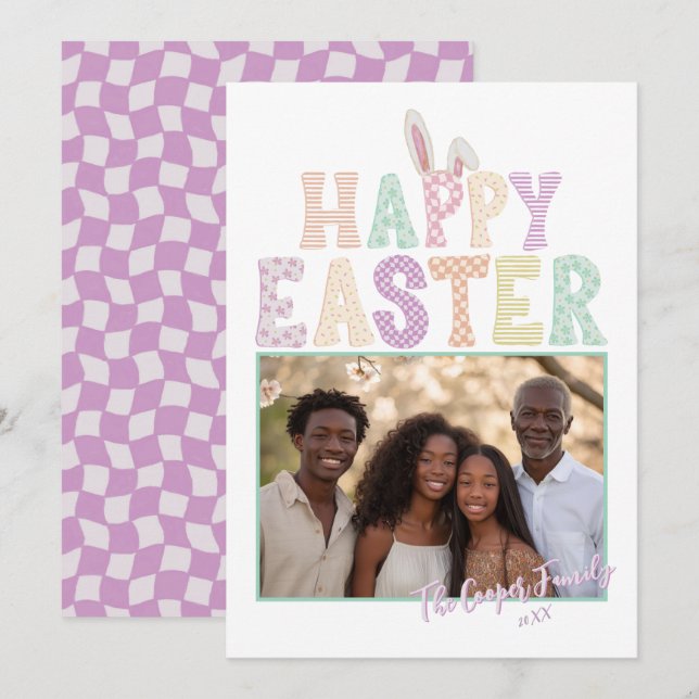 Happy Easter Bunny Ears Modern Typography Photo  Holiday Card (Front/Back)