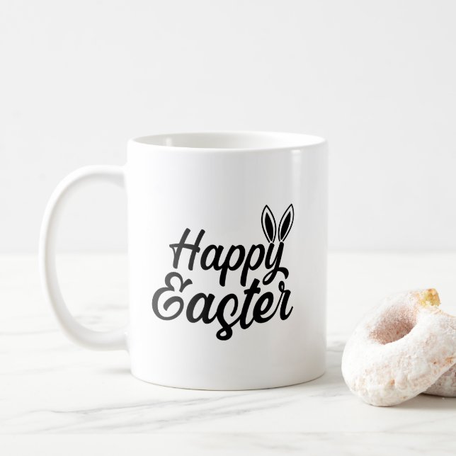 Happy Easter, Bunny Ears On Black Text Coffee Mug (With Donut)