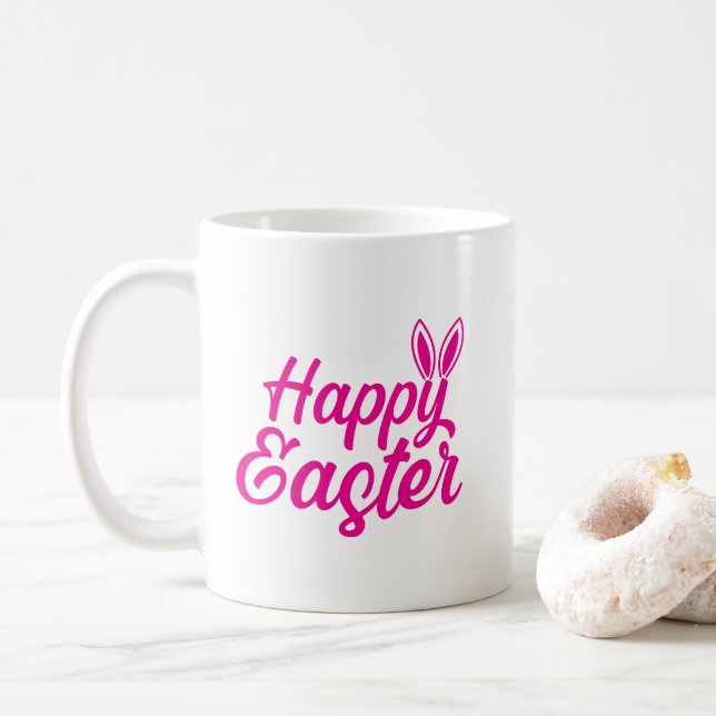 Happy Easter, Bunny Ears On Pink Text Coffee Mug (With Donut)